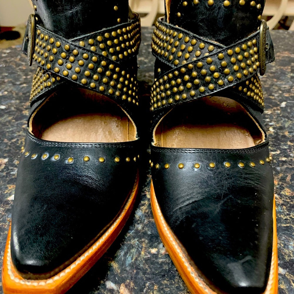 Ariat Black Leather Studded Ankle Booties with Tan Soles